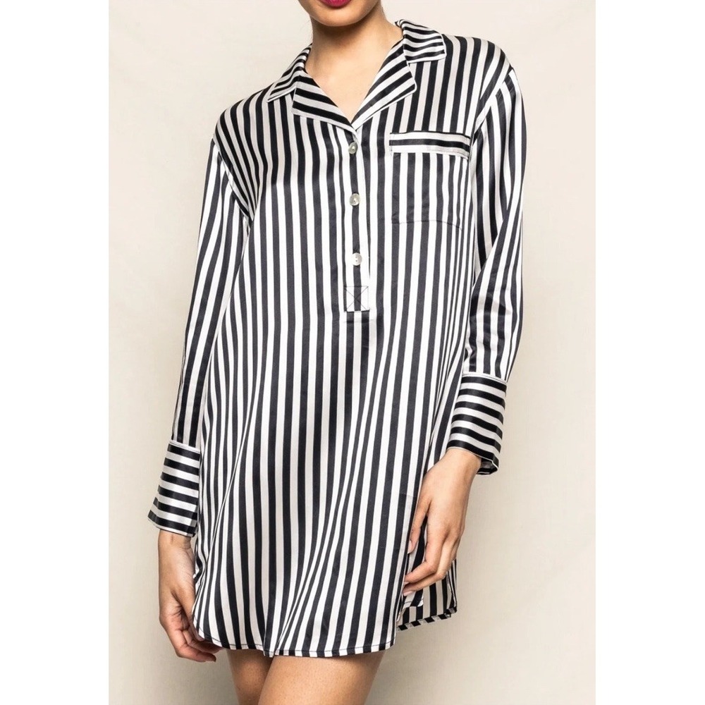 Petite Plume Women 100% Silk Black White Striped Nightshirt Sleep Shirt Size S